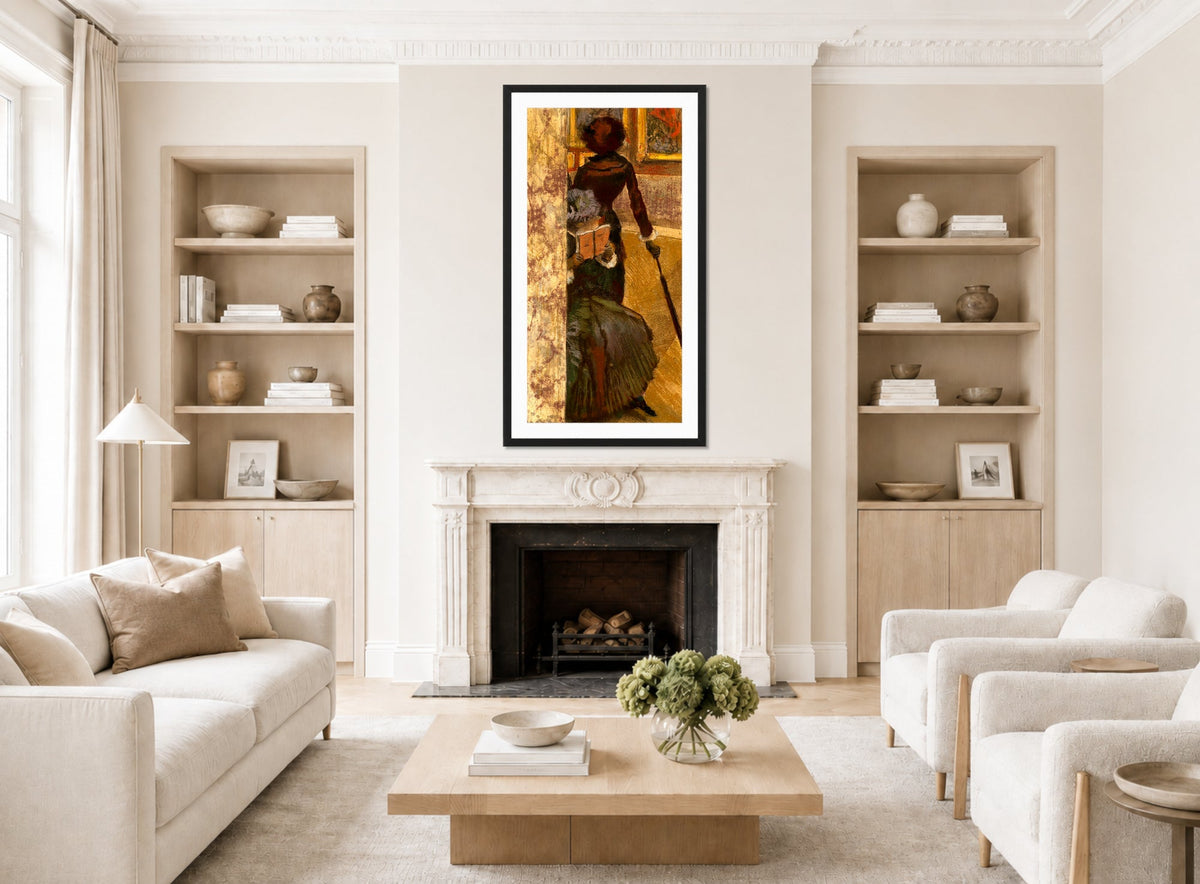 Edgar Degas Print, Mary Cassatt at the Louvre; The Paintings Gallery (1885) displayed in a Scandinavian living room