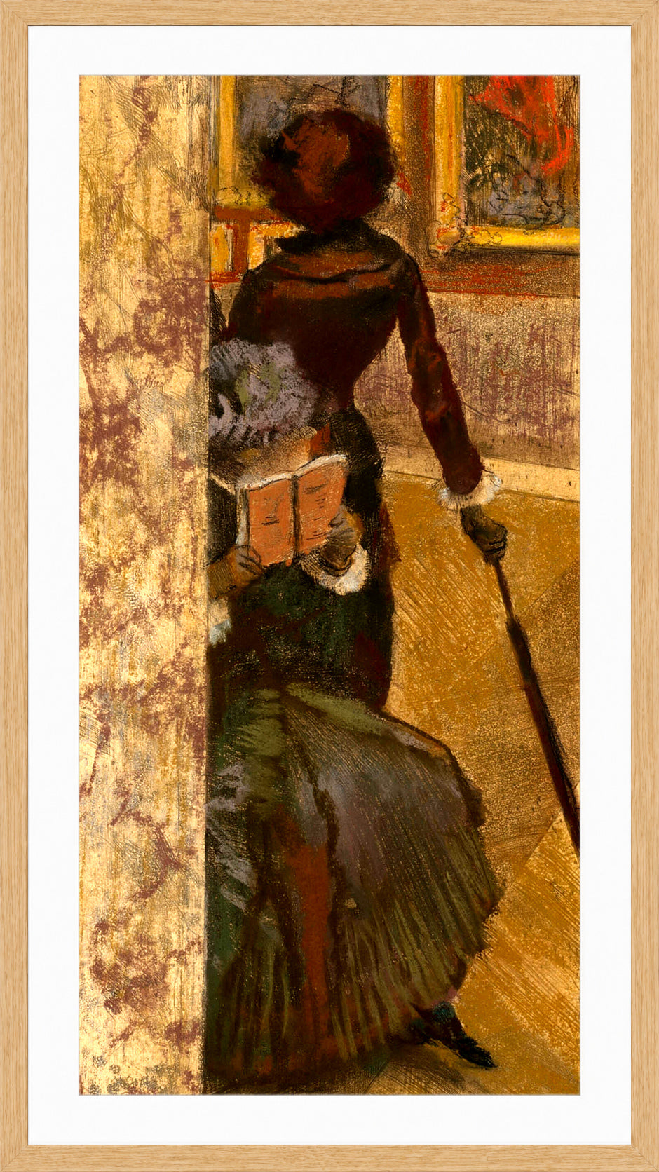 Edgar Degas Print, Mary Cassatt at the Louvre; The Paintings Gallery (1885) in a light oak frame