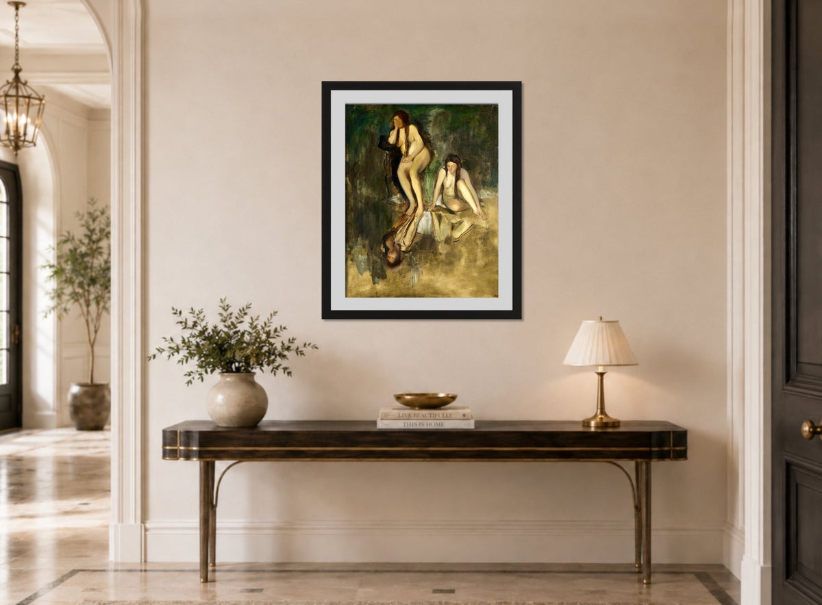 Edgar Degas Print, Mlle Fiocre dans le ballet La Source (Mademoiselle Fiocre in the ballet La Source) (between 1866 and 1868) displayed above a console table