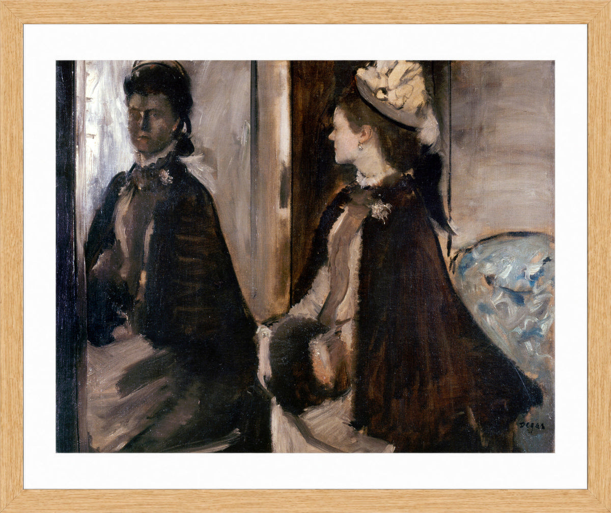 Edgar Degas Print, Mrs Jeantaud In The Mirror (circa 1875) in a light oak frame