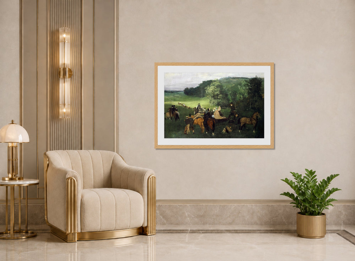 Edgar Degas Print, On The Racecourse (The Race) (Around 1861-1862) displayed in an Art Deco interior