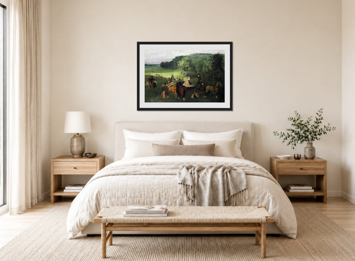Edgar Degas Print, On The Racecourse (The Race) (Around 1861-1862) displayed above a bed