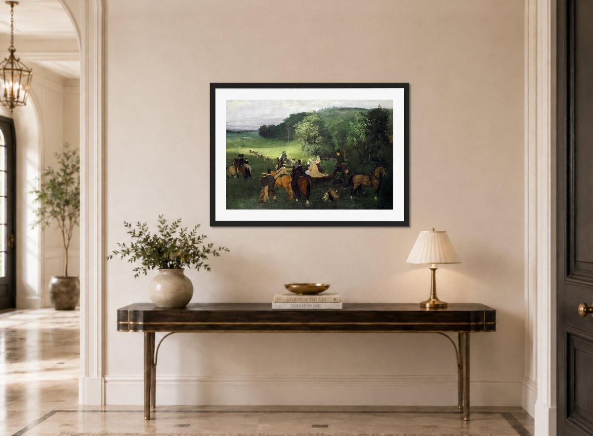 Edgar Degas Print, On The Racecourse (The Race) (Around 1861-1862) displayed above a console table