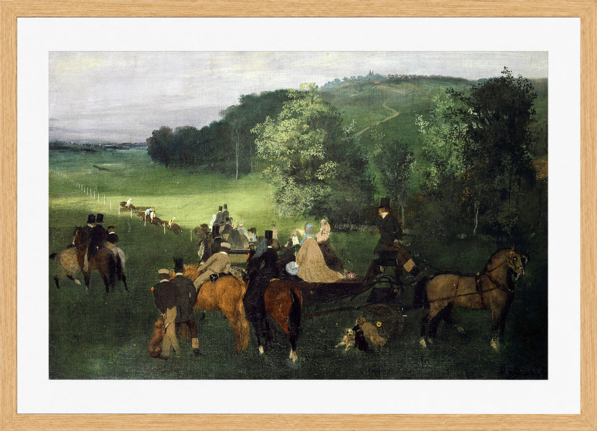 Edgar Degas Print, On The Racecourse (The Race) (Around 1861-1862) in a light oak frame