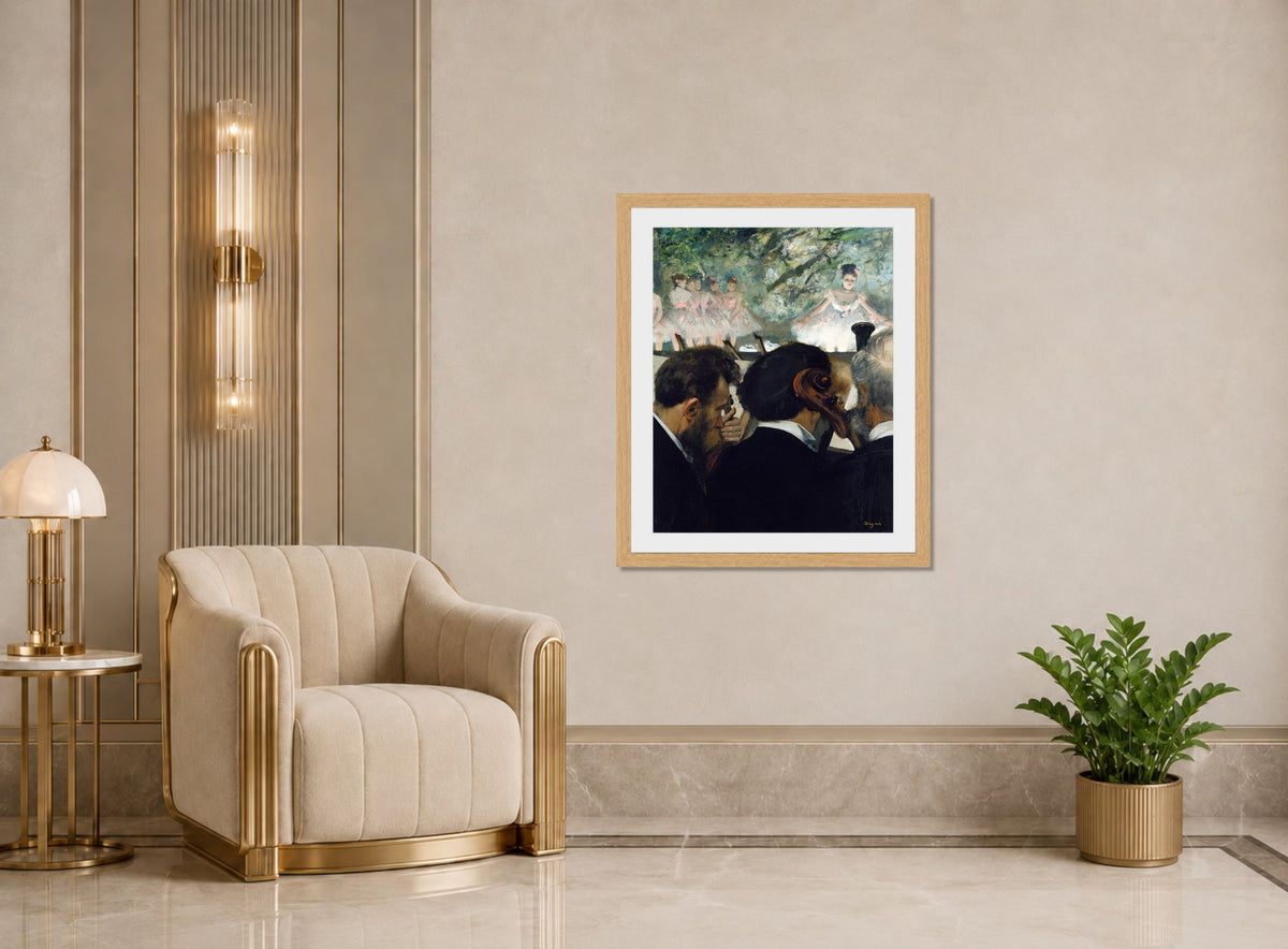 Edgar Degas Print, Orchestra Musicians (1872) displayed in an Art Deco interior