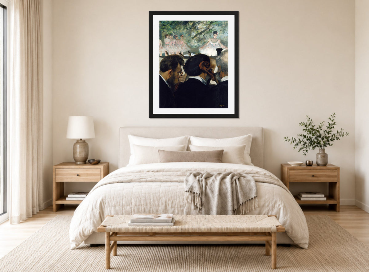 Edgar Degas Print, Orchestra Musicians (1872) displayed above a bed