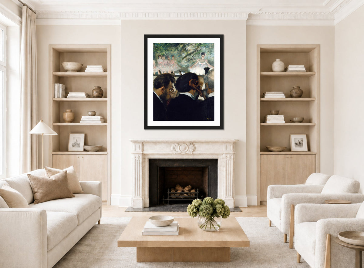 Edgar Degas Print, Orchestra Musicians (1872) displayed in a Scandinavian living room
