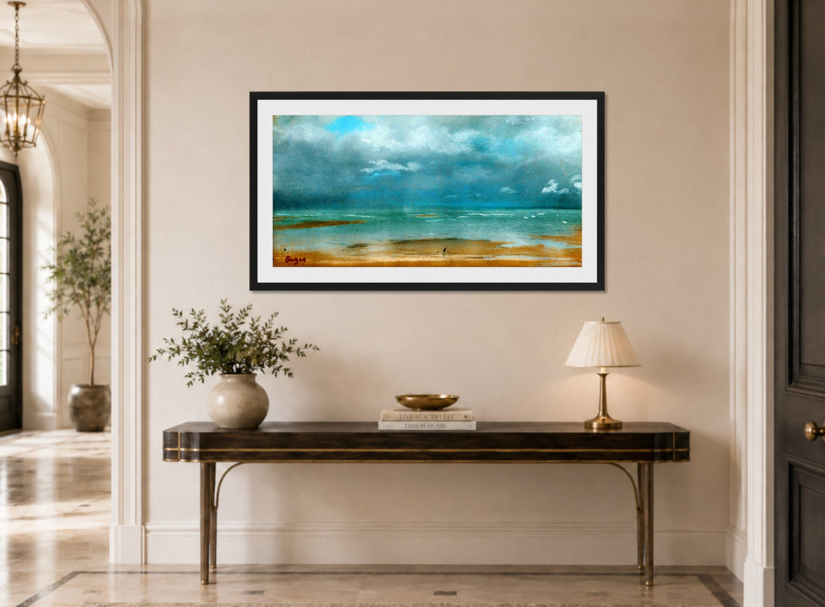 Edgar Degas Print, Plage À Marée Basse (1869) displayed above a console table