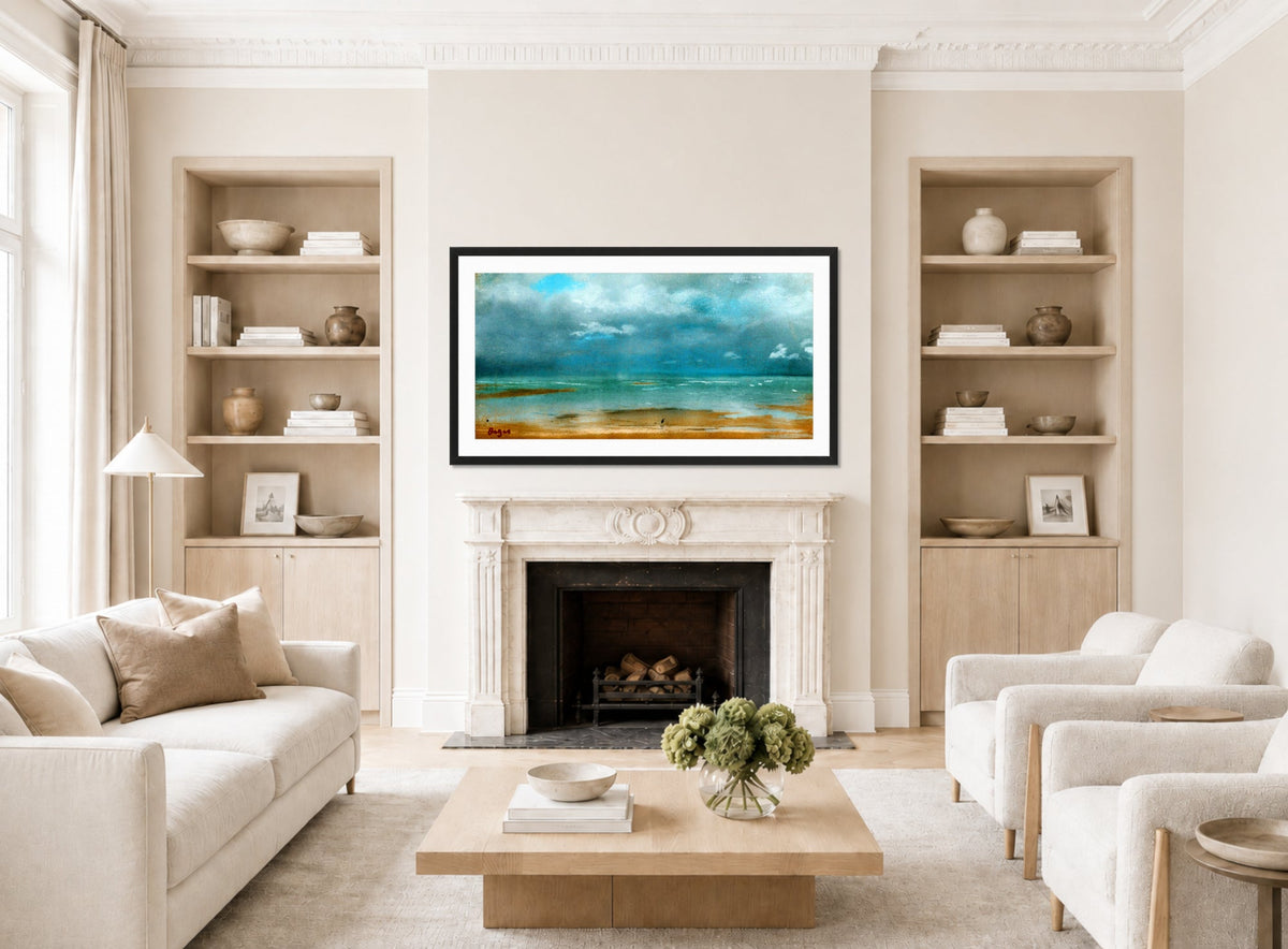 Edgar Degas Print, Plage À Marée Basse (1869) displayed in a Scandinavian living room