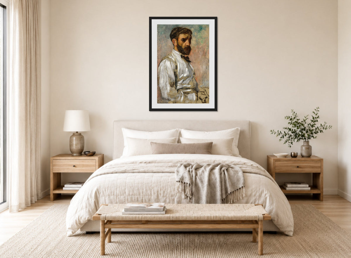 Edgar Degas Print, Portrait d’artiste (Léon Bonnat) (circa 1863) displayed above a bed