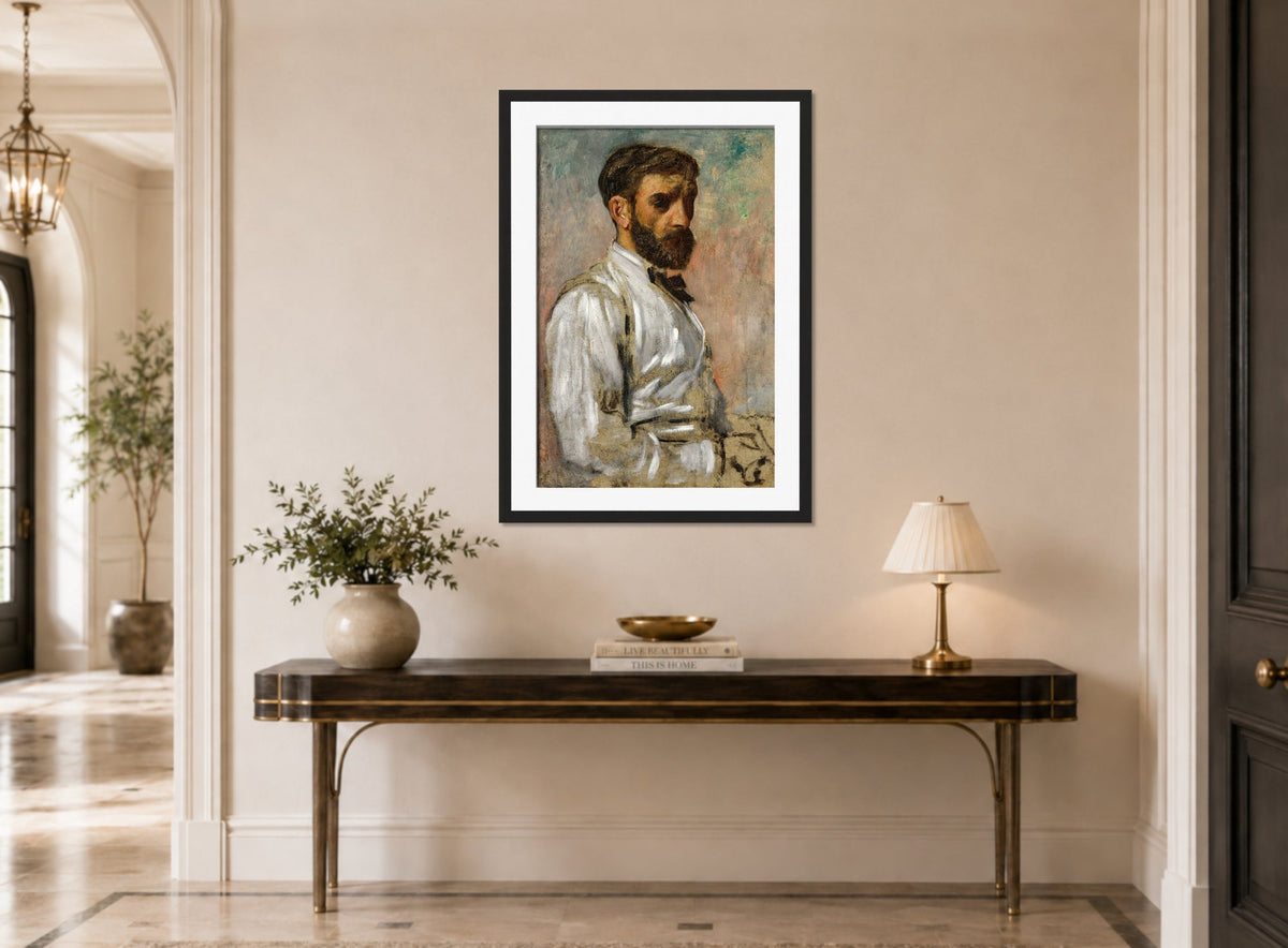 Edgar Degas Print, Portrait d’artiste (Léon Bonnat) (circa 1863) displayed above a console table