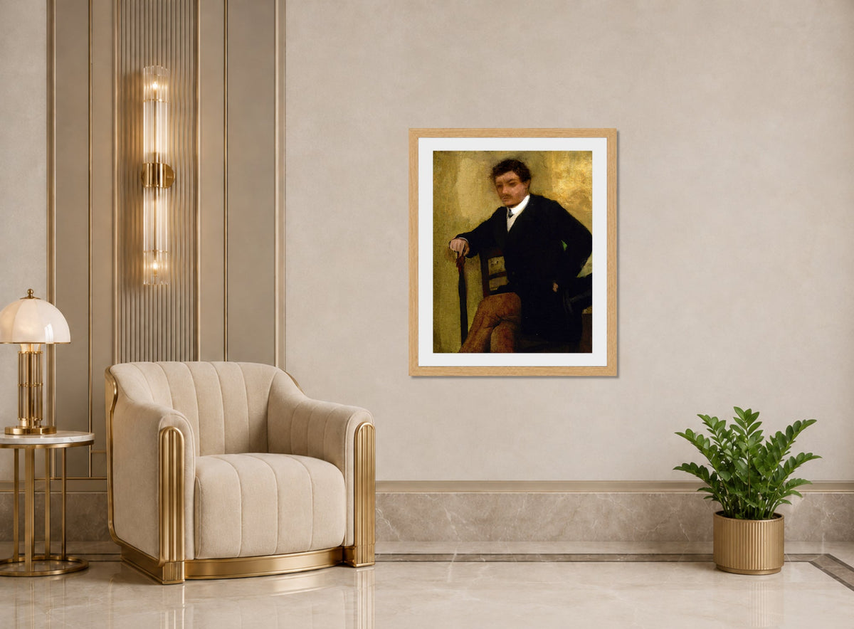Edgar Degas Print, Portrait d’homme assis (circa 1864-68) displayed in an Art Deco interior