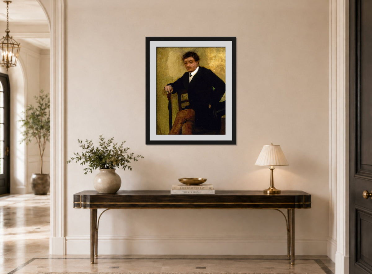 Edgar Degas Print, Portrait d’homme assis (circa 1864-68) displayed above a console table