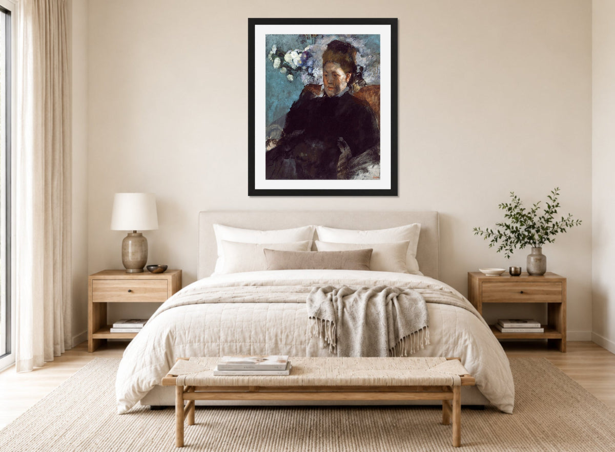 Edgar Degas Print, Portrait of a Woman (1877) displayed above a bed