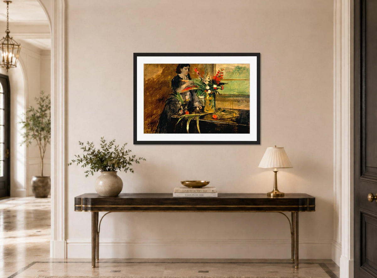 Edgar Degas Print, Portrait of Estelle Musson Degas (1872) displayed above a console table