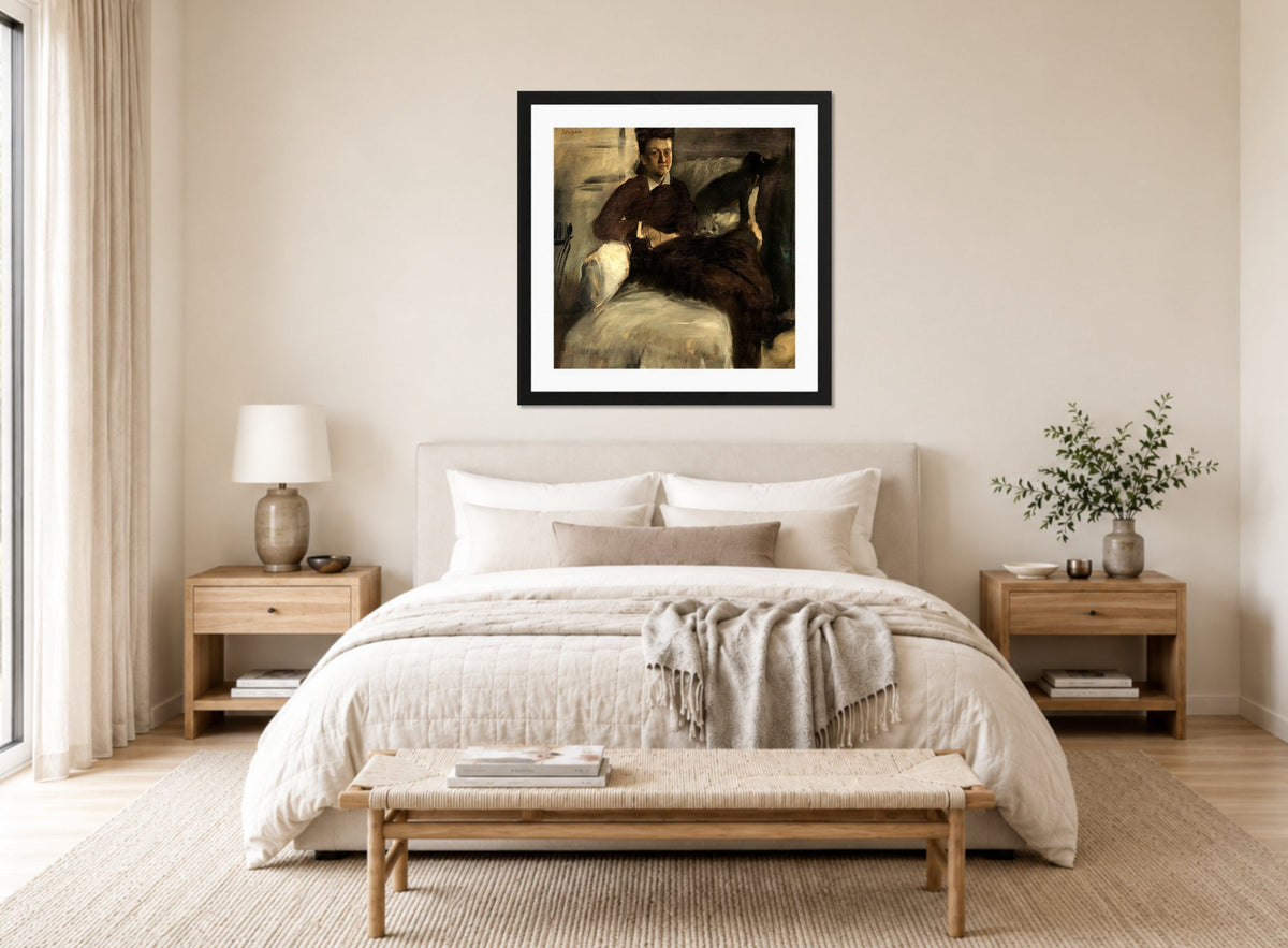 Edgar Degas Print, Portrait of Madame Jeantaud (1877) displayed above a bed