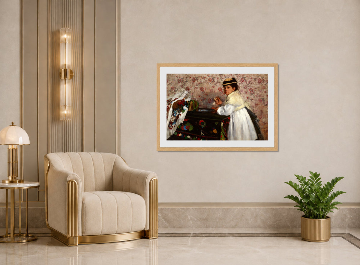 Edgar Degas Print, Portrait of Mlle. Hortense Valpinçon (c displayed in an Art Deco interior