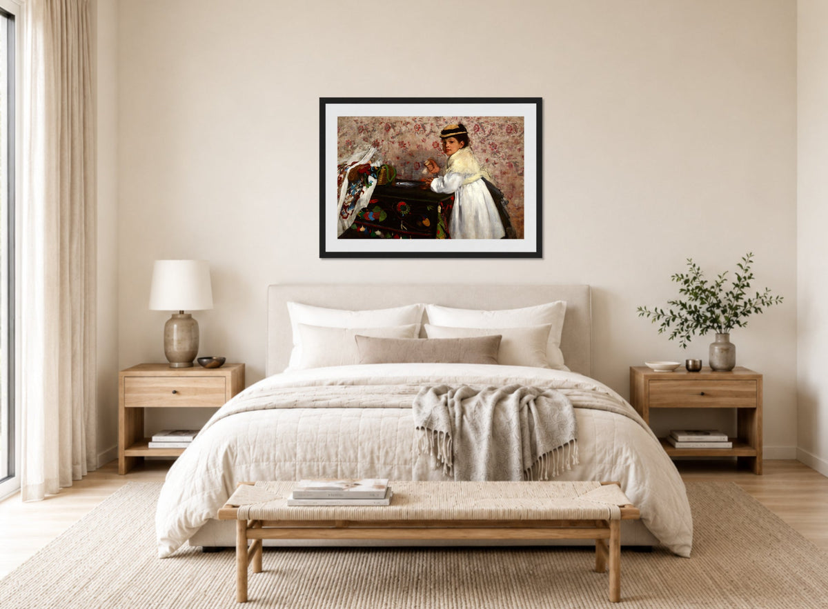 Edgar Degas Print, Portrait of Mlle. Hortense Valpinçon (c displayed above a bed