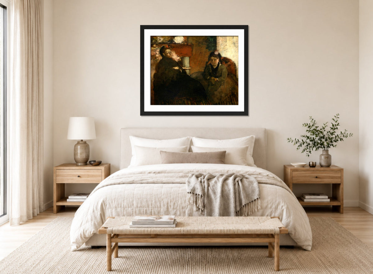 Edgar Degas Print, Portrait of Mme displayed above a bed