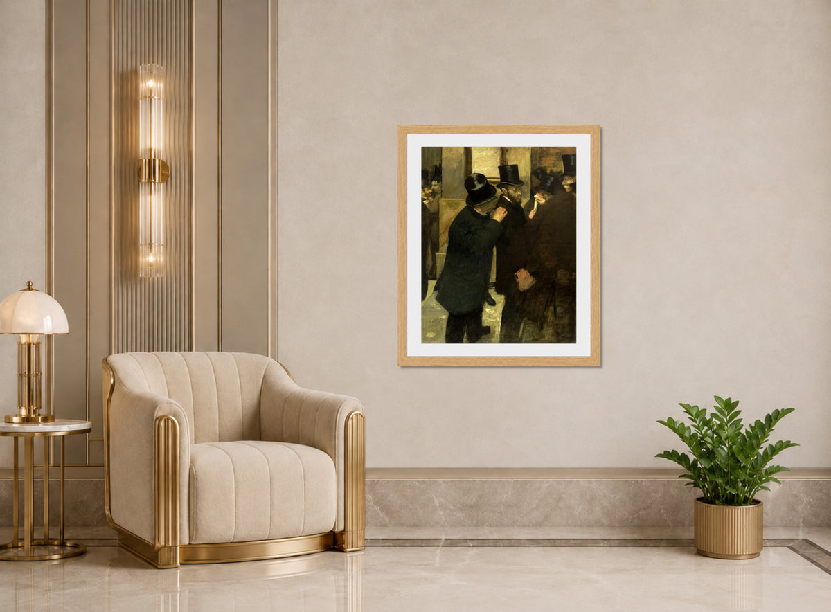 Edgar Degas Print, Portraits At The Stock Exchange (1878 - 1879) displayed in an Art Deco interior