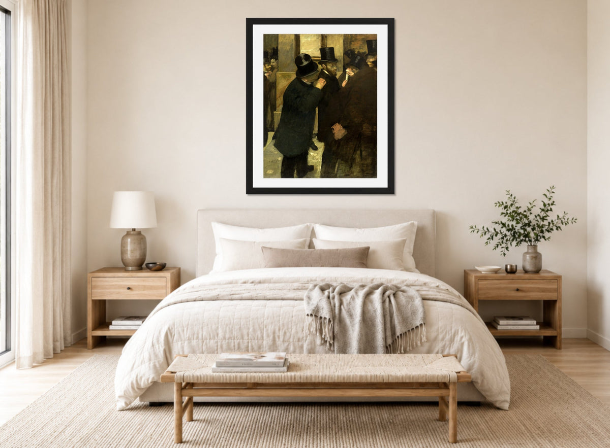 Edgar Degas Print, Portraits At The Stock Exchange (1878 - 1879) displayed above a bed