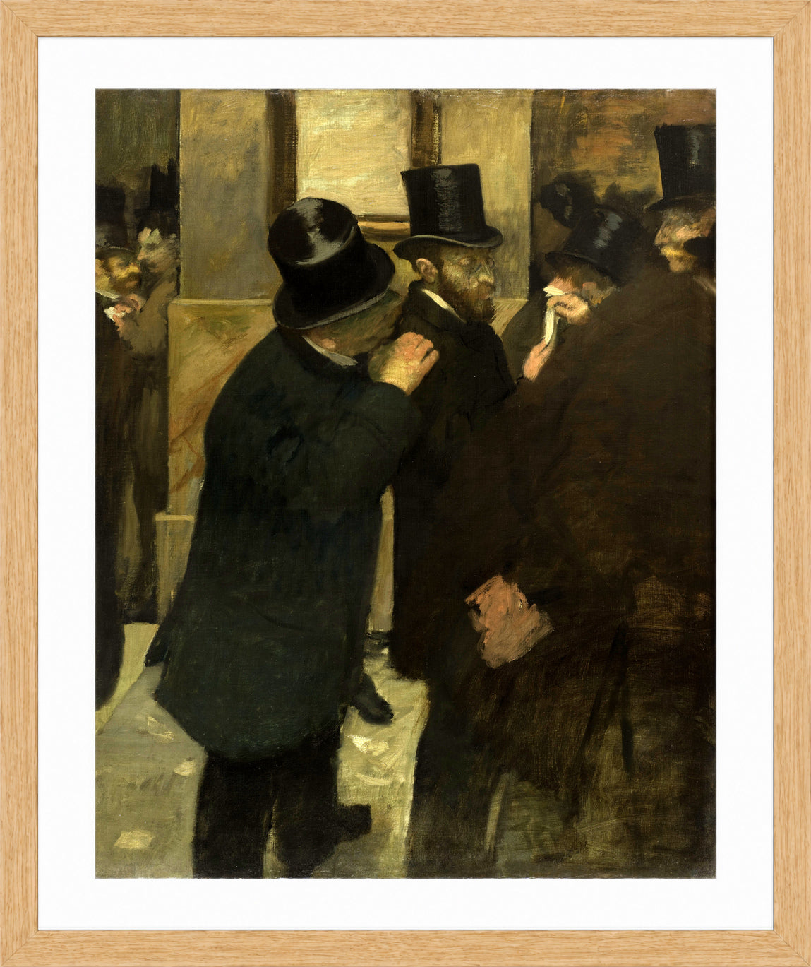 Edgar Degas Print, Portraits At The Stock Exchange (1878 - 1879) in a light oak frame