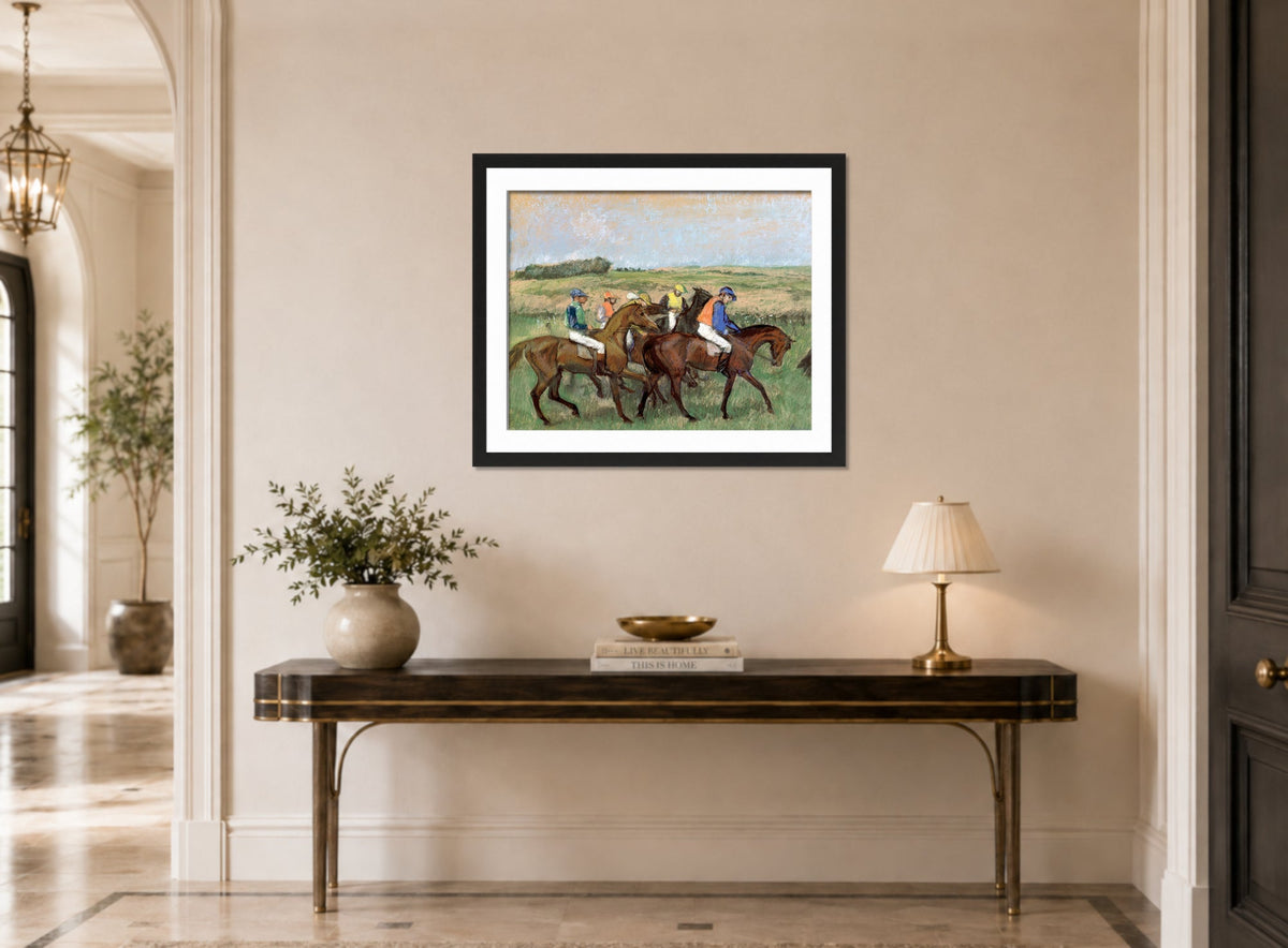 Edgar Degas Print, Races (circa 1885) displayed above a console table