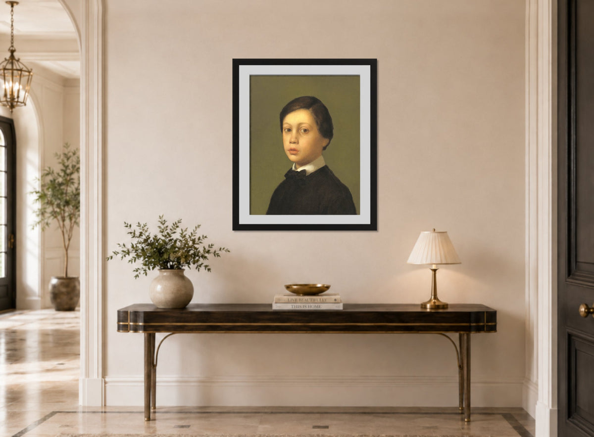 Edgar Degas Print, René de Gas (1855) displayed above a console table