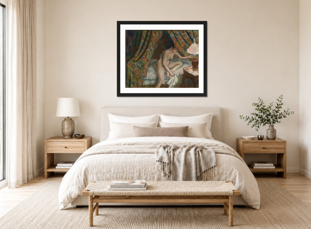 Edgar Degas Print, Retiring (1879–1888) displayed above a bed