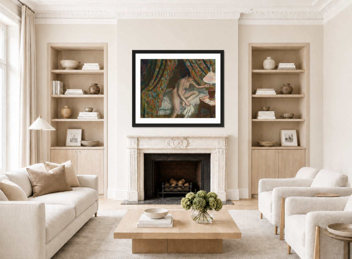 Edgar Degas Print, Retiring (1879–1888) displayed in a Scandinavian living room