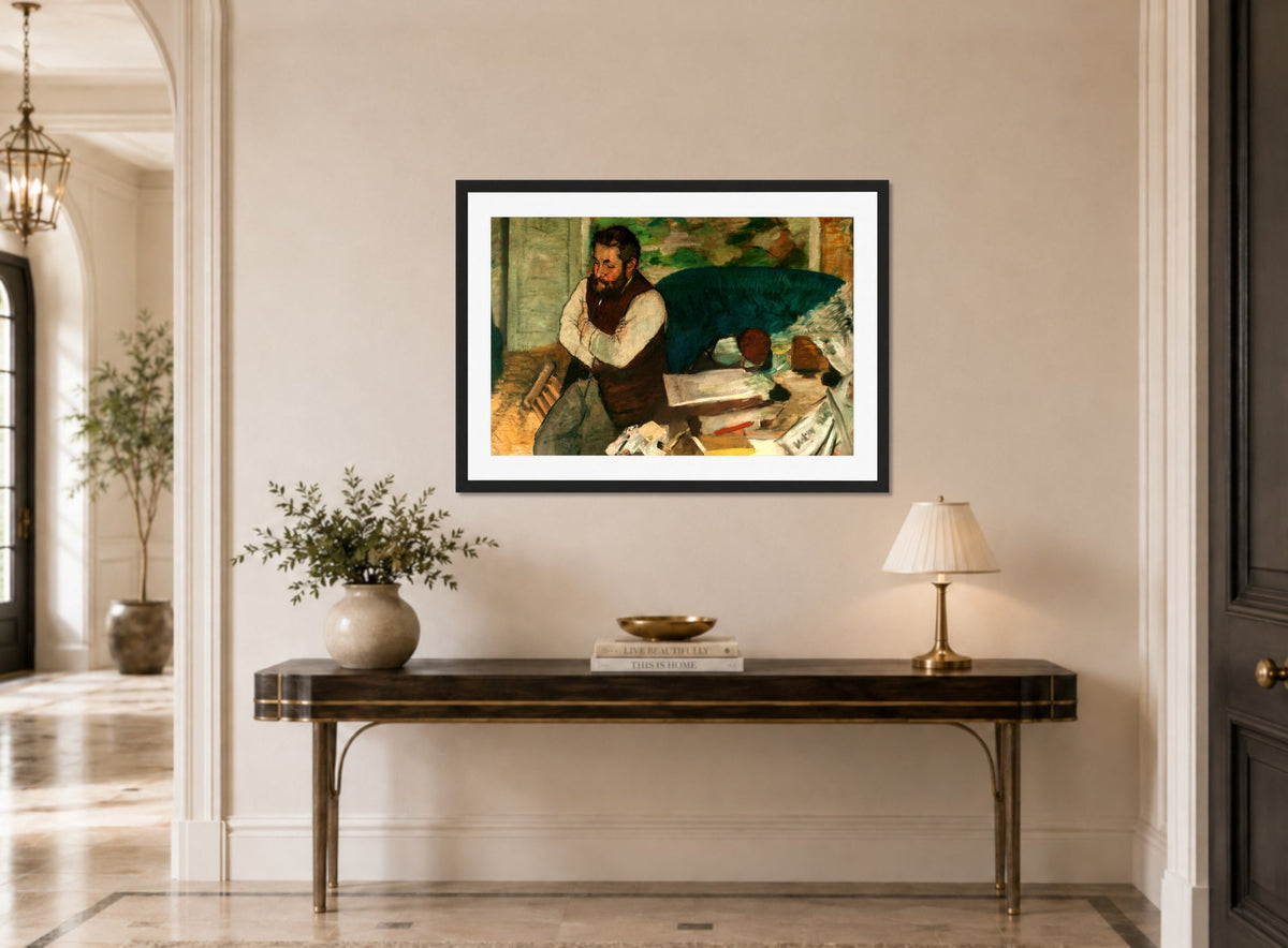 Edgar Degas Print, Retrato de Diego Martelli (1879) displayed above a console table