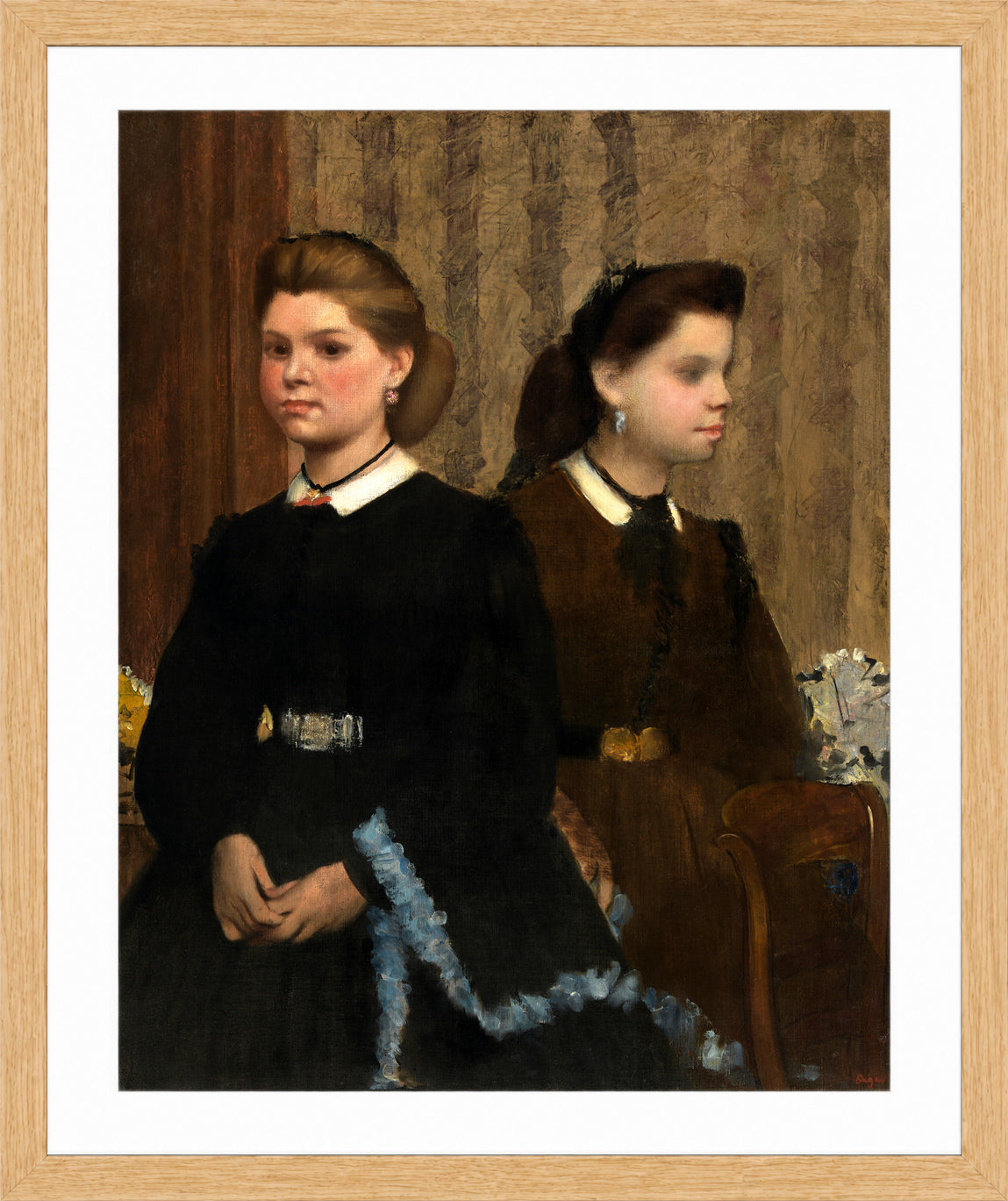 Edgar Degas Print, The Bellelli Sisters (Giovanna and Giuliana Bellelli) (1865-1866) in a light oak frame
