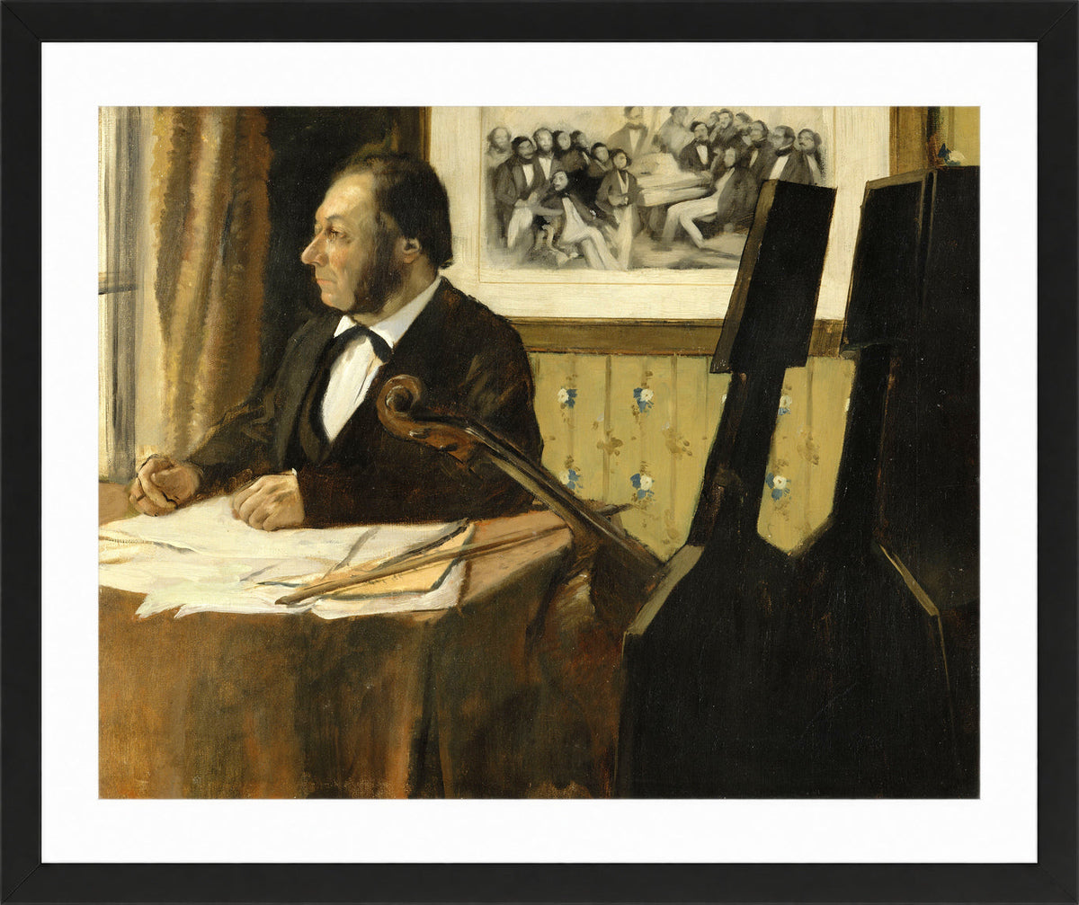 Edgar Degas Print, The Cellist Pilet (between 1868 and 1869) in a black frame