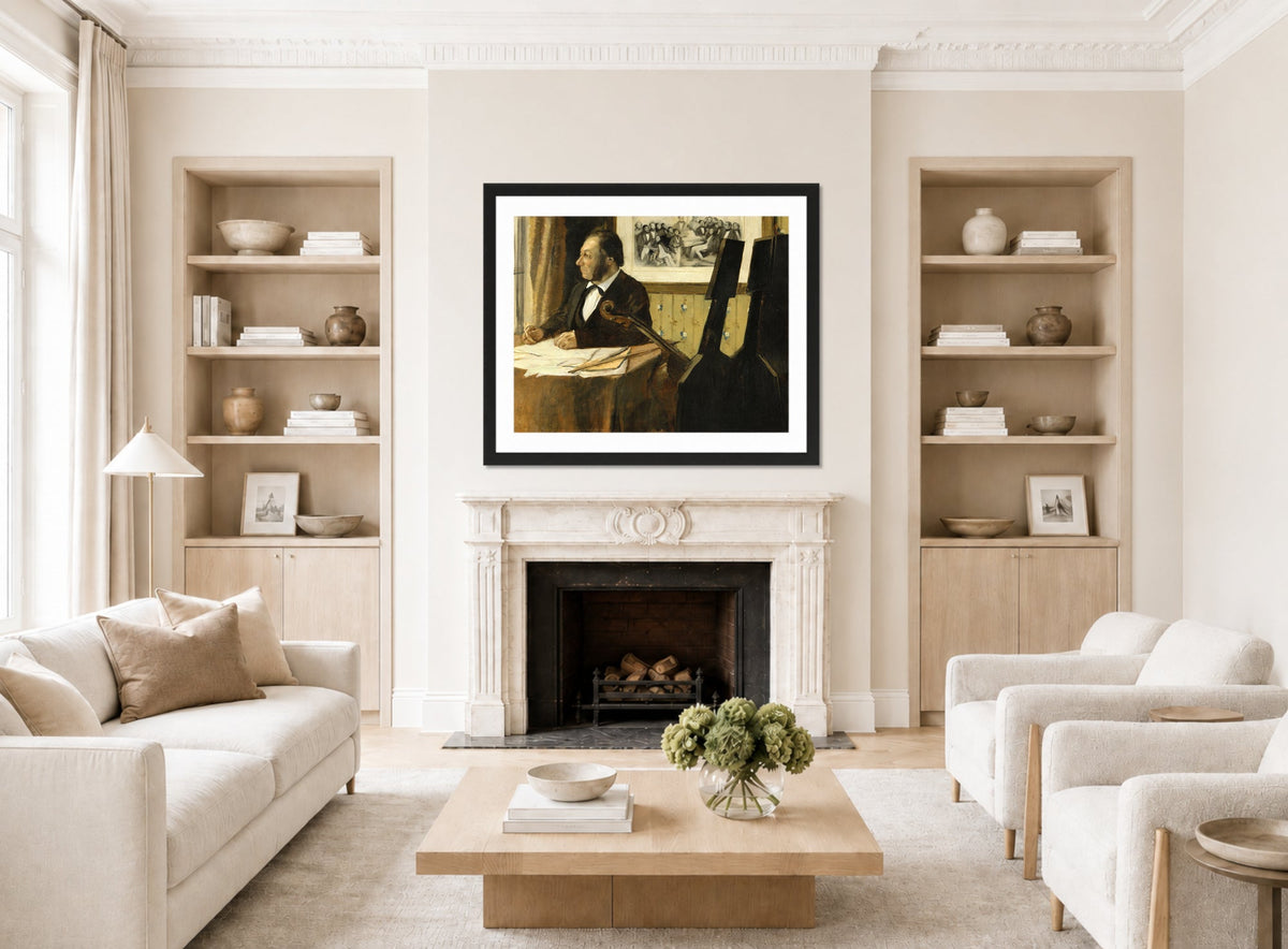 Edgar Degas Print, The Cellist Pilet (between 1868 and 1869) displayed in a Scandinavian living room