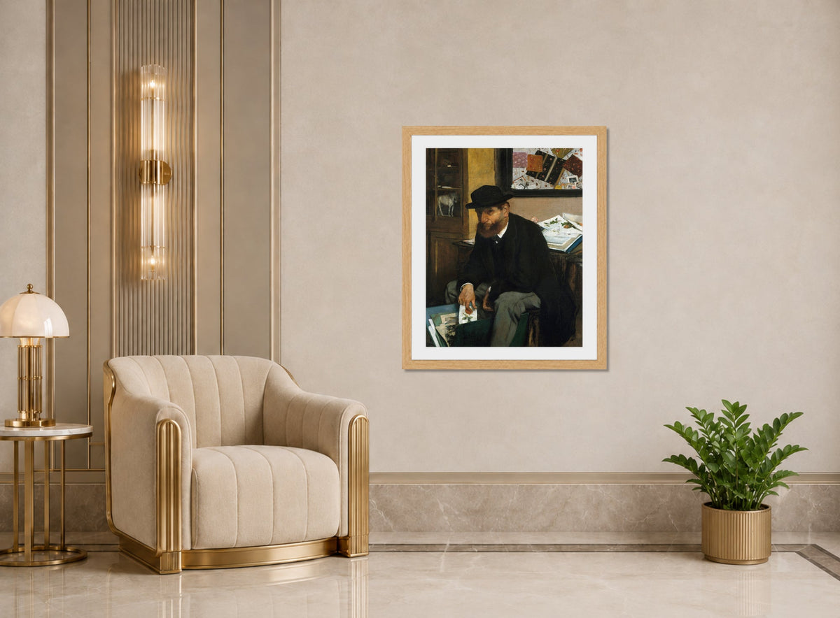 Edgar Degas Print, The Collector of Prints (1866) displayed in an Art Deco interior