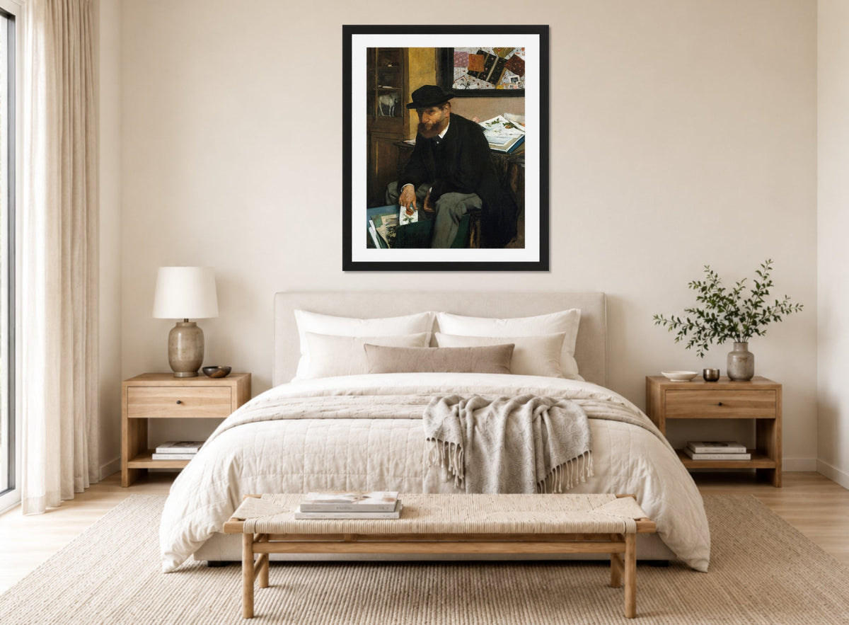 Edgar Degas Print, The Collector of Prints (1866) displayed above a bed