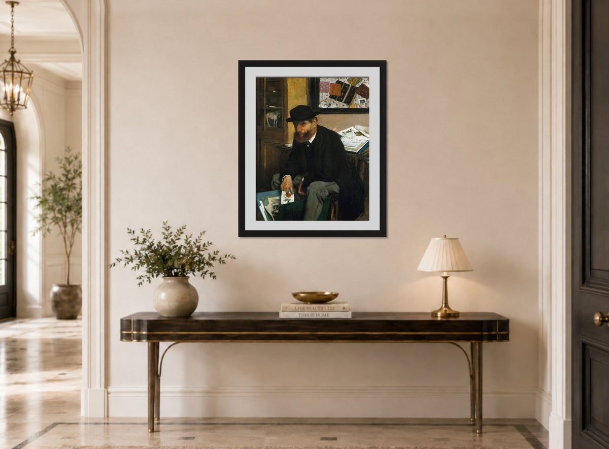 Edgar Degas Print, The Collector of Prints (1866) displayed above a console table