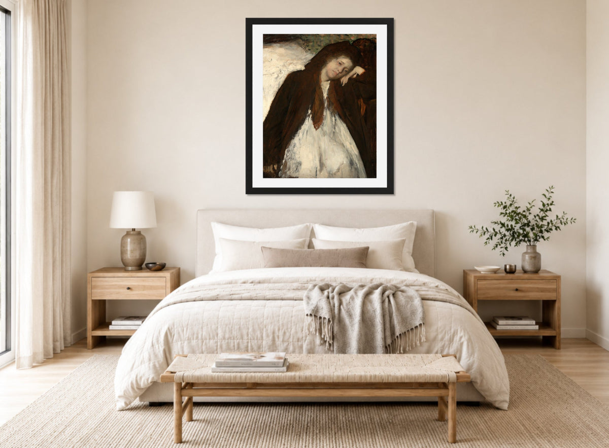 Edgar Degas Print, The Convalescent displayed above a bed