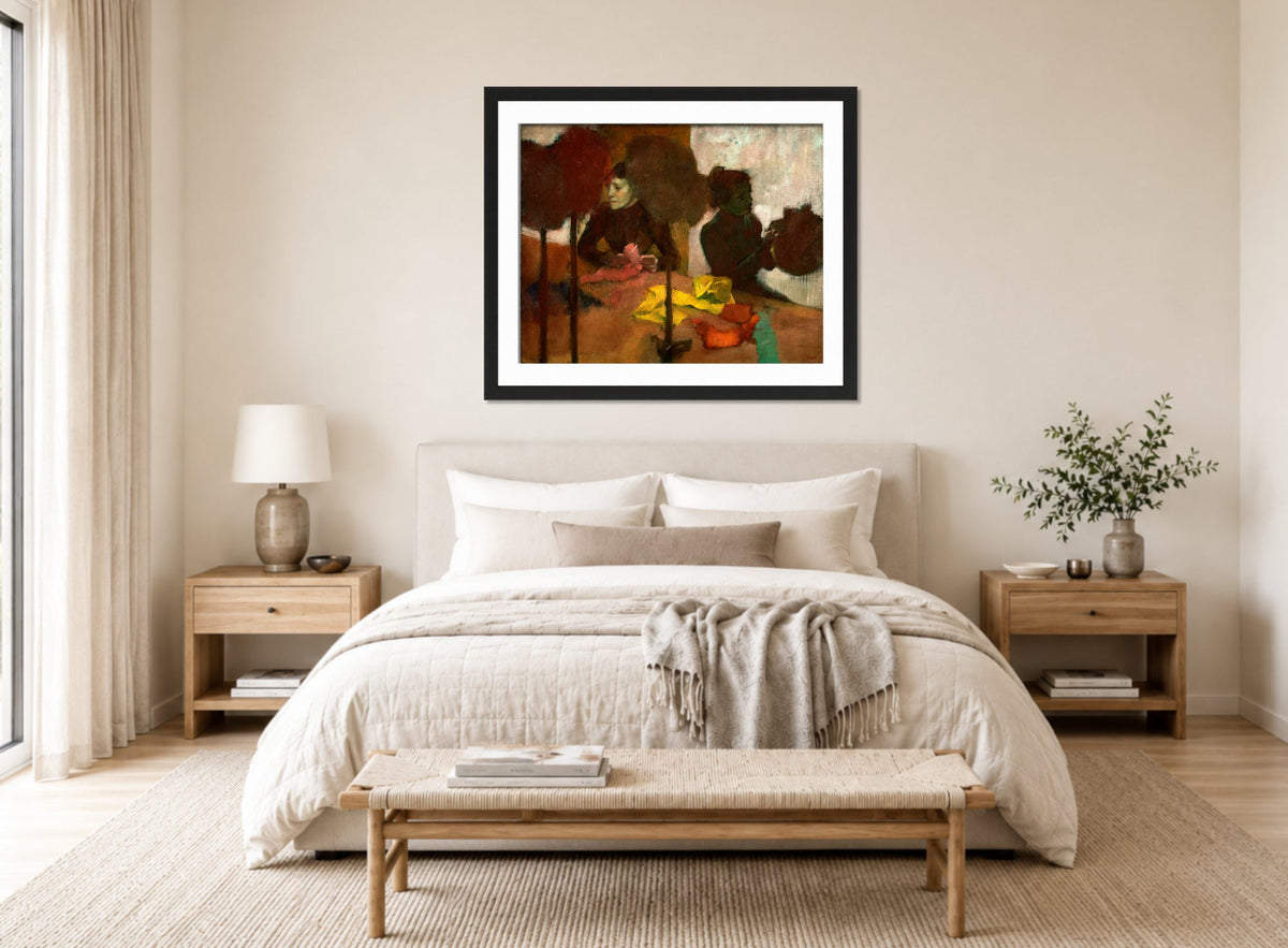Edgar Degas Print, The Milliners (1882–before 1905) displayed above a bed