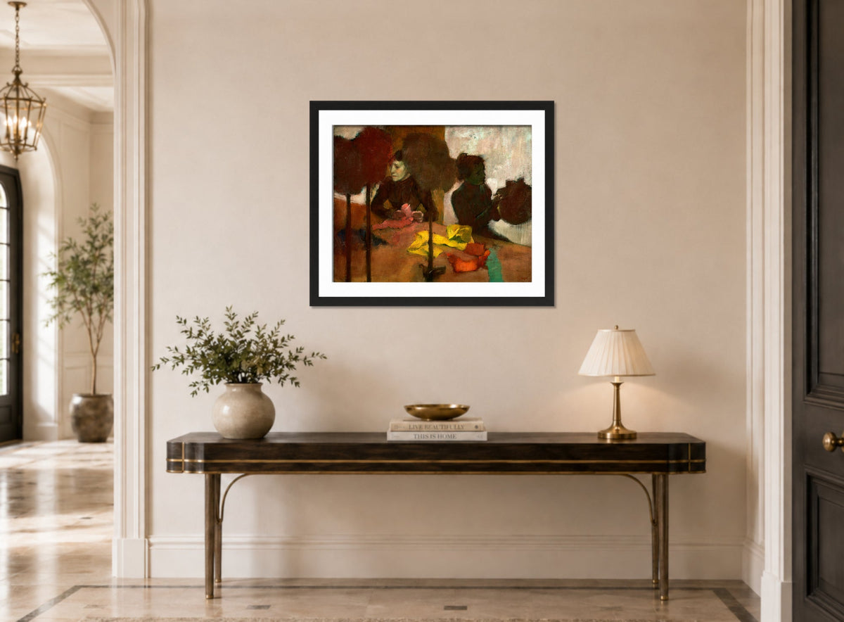 Edgar Degas Print, The Milliners (1882–before 1905) displayed above a console table