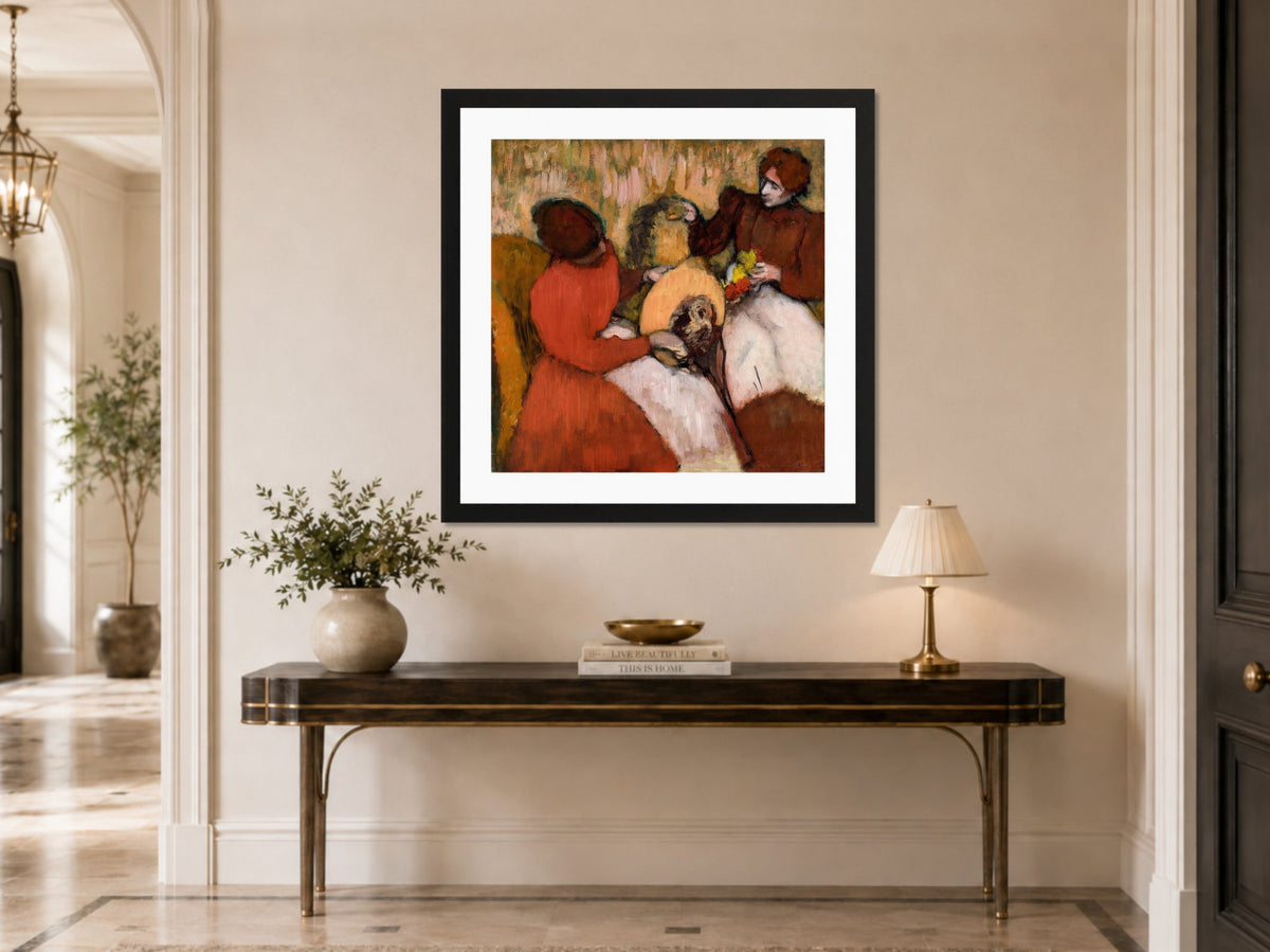Edgar Degas Print, The Milliners (c displayed above a console table