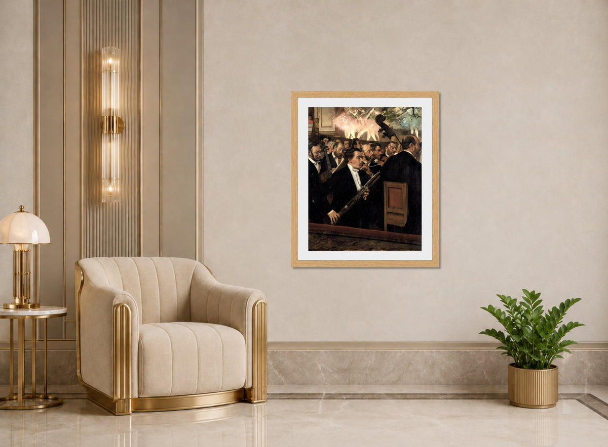 Edgar Degas Print, The Orchestra At The Opera (circa 1870) displayed in an Art Deco interior