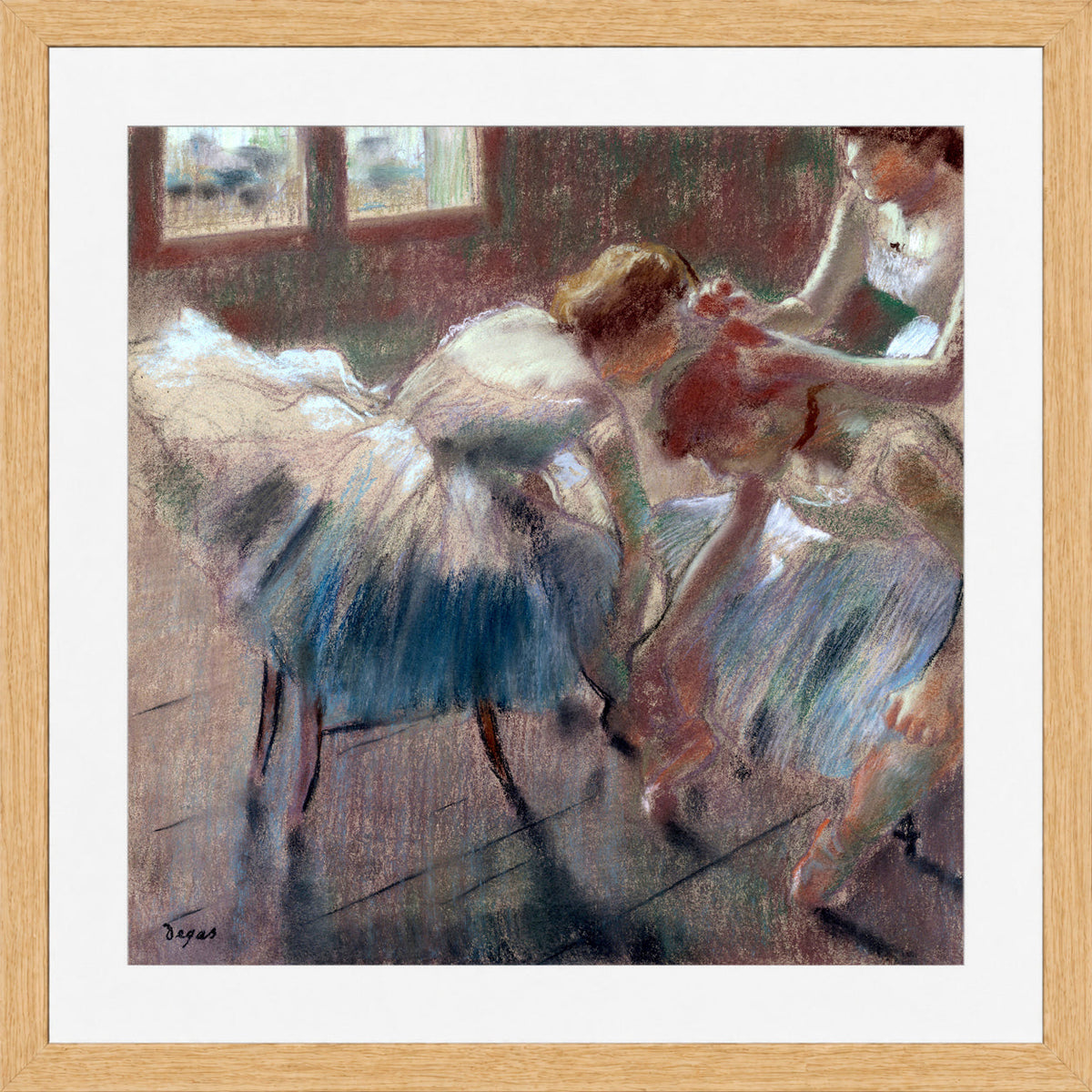 Edgar Degas Print, Three Dancers Preparing for Class (after 1878) in a light oak frame