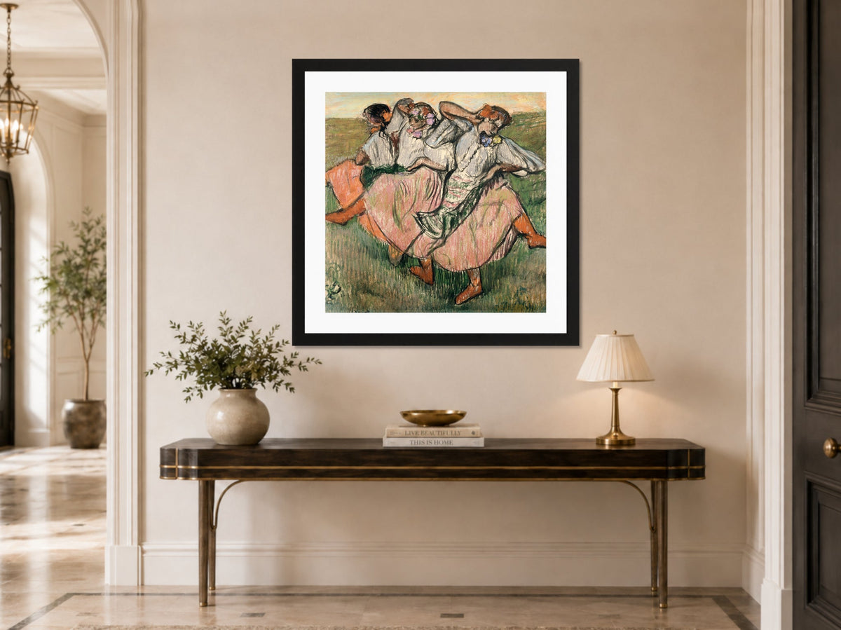 Edgar Degas Print, Three Russian Dancers displayed above a console table