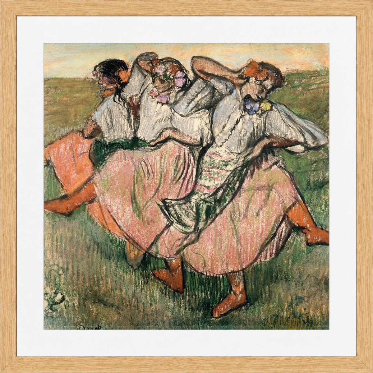 Edgar Degas Print, Three Russian Dancers in a light oak frame