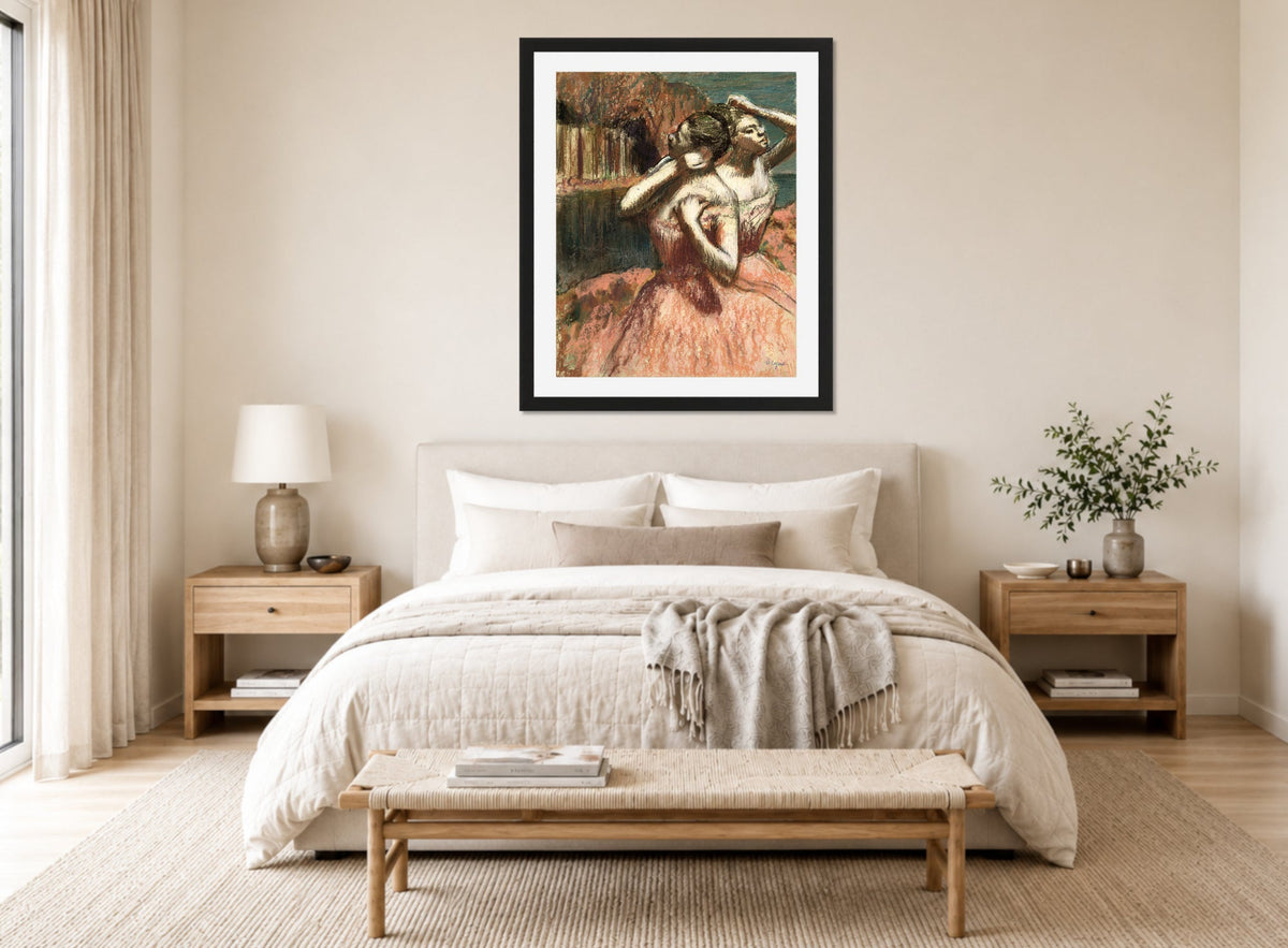 Edgar Degas Print, Two Dancers displayed above a bed