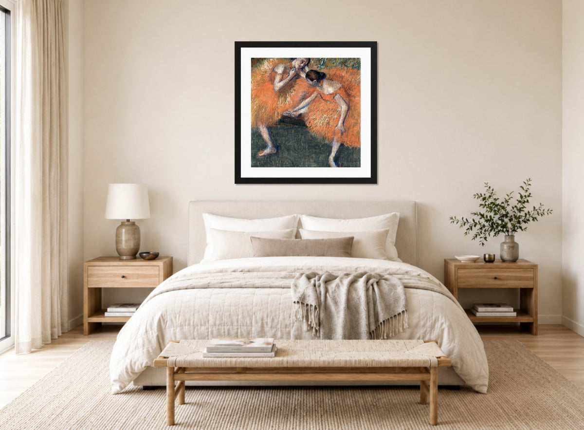 Edgar Degas Print, Two Dancers displayed above a bed