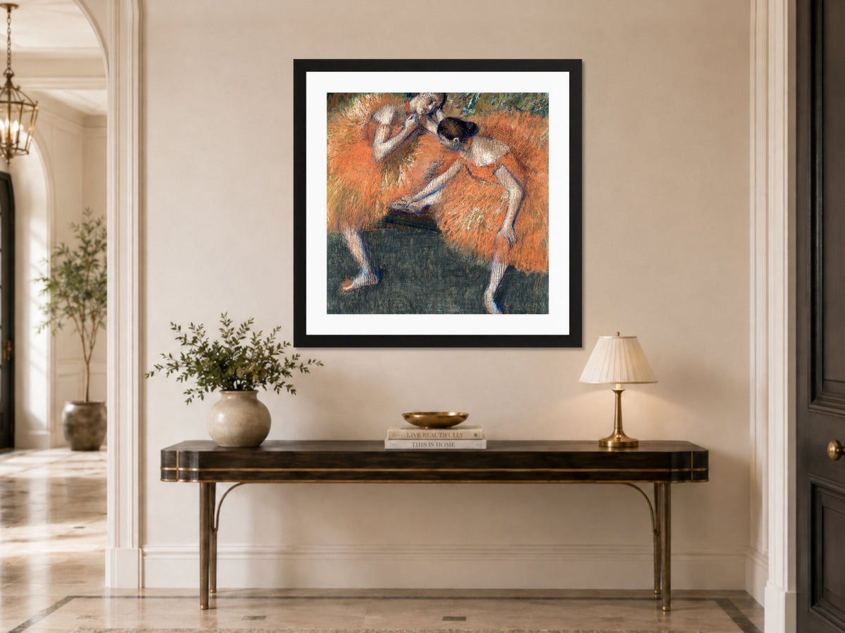 Edgar Degas Print, Two Dancers displayed above a console table