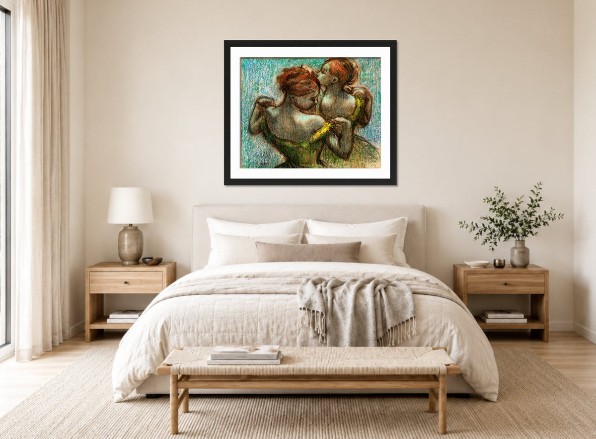 Edgar Degas Print, Two Dancers, Half-length displayed above a bed