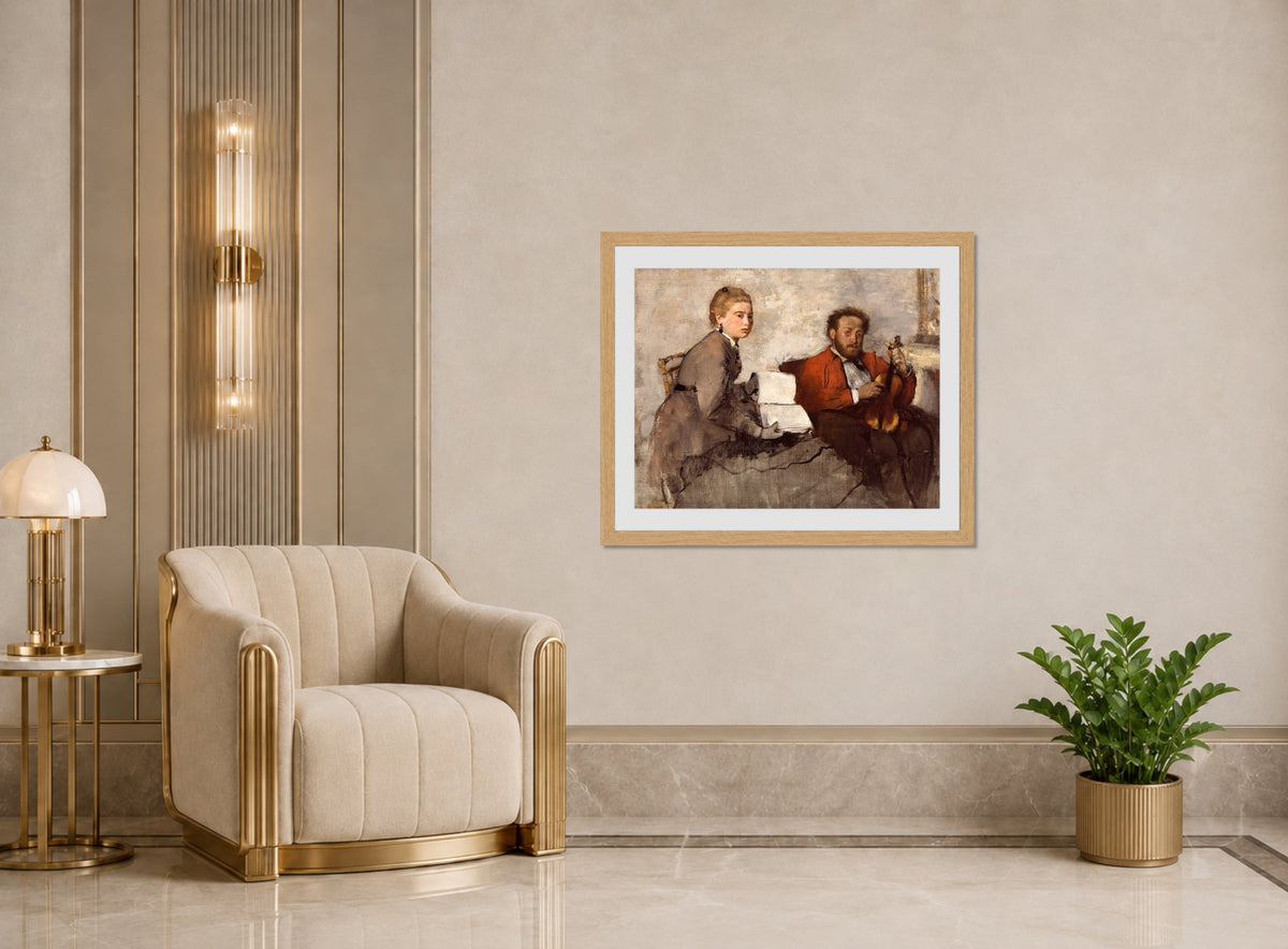 Edgar Degas Print, Violinist and Young Woman (ca displayed in an Art Deco interior